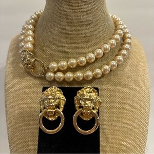 Vintage 1980s Kenneth Lane for Avon gold plate Lion Pearl Necklace & Earring set